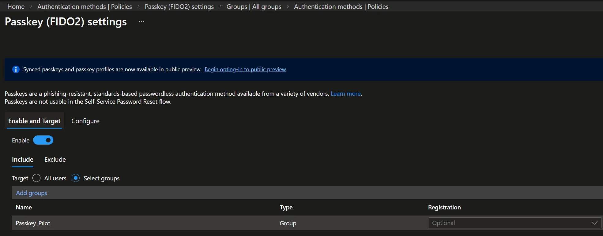 The screenshot shows the configuration page for FIDO2 auhentication method