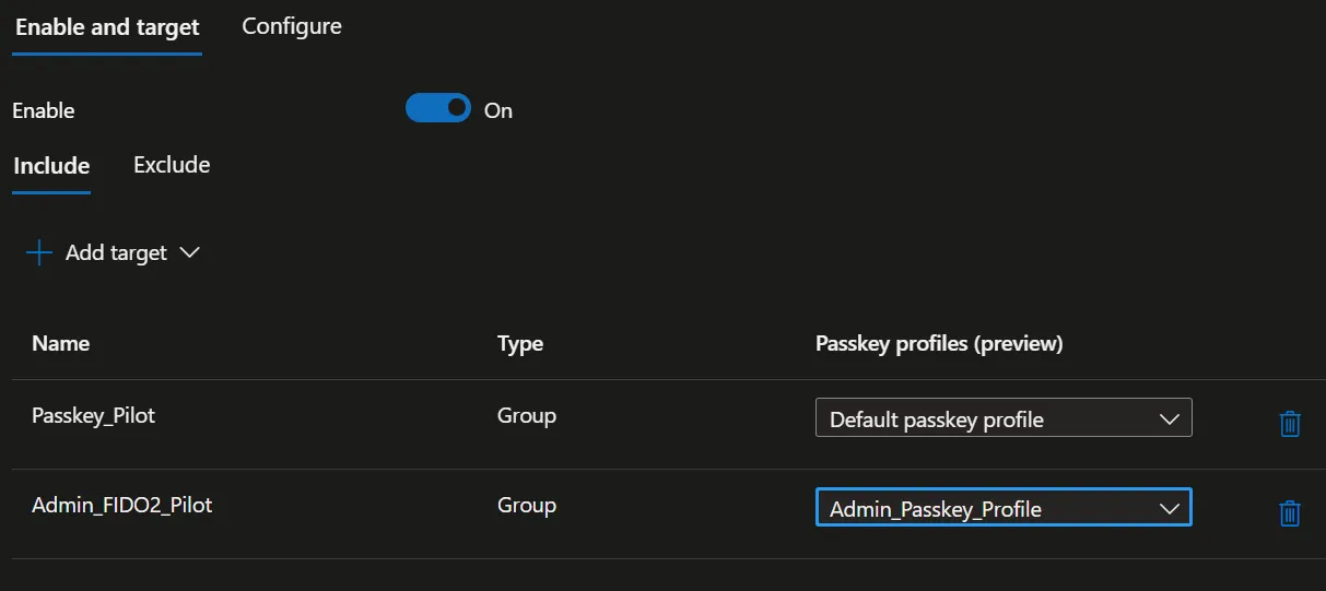 a screenshot showing two admin profile for FIDO2 passkeys